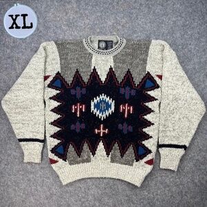 Vintage 90's Hang Ten Colorful Graphic Oatmeal Grandpa Acrylic Knit Sweatshirt